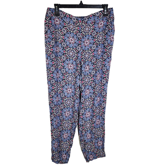 LOFT Women's Fluid Taper Pants Large Medallion Print Pull On Ankle Navy Viscose - Picture 1 of 9